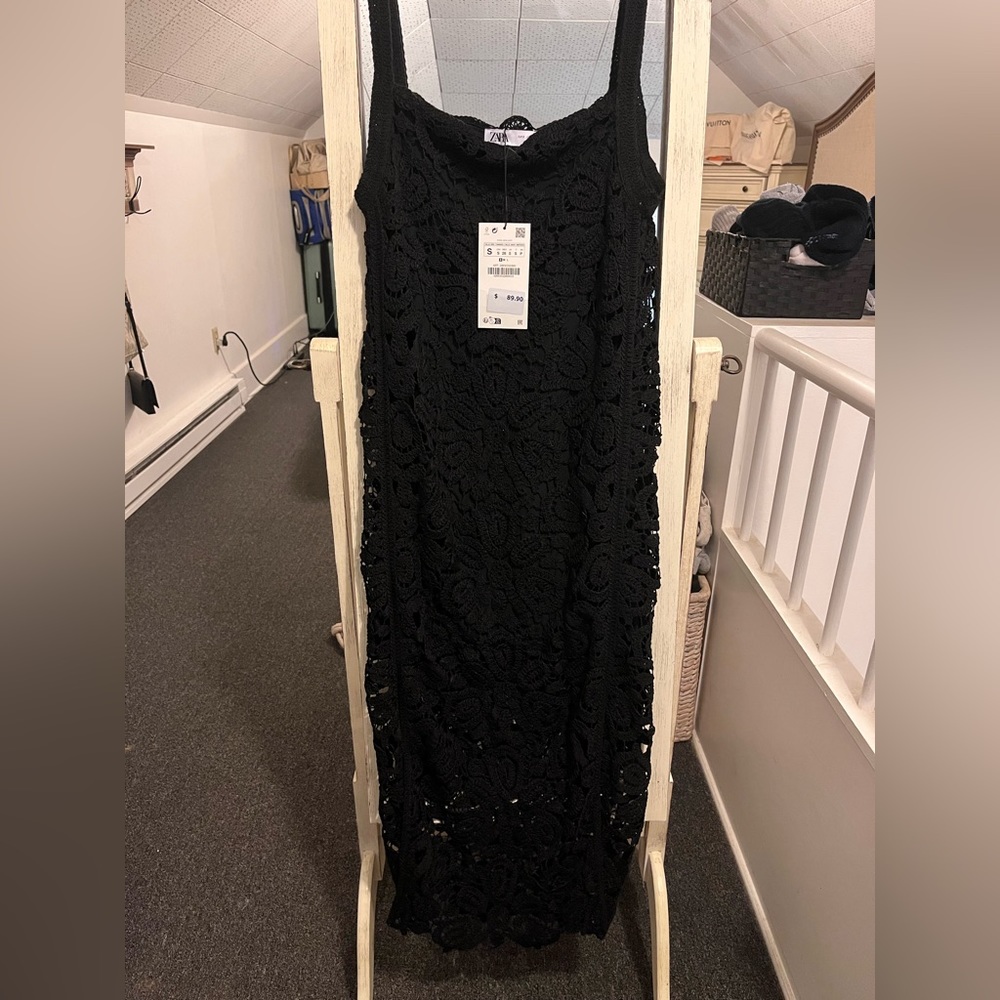 Brand new Zara black dress. Black slip underneath that goes to knee, overal midi